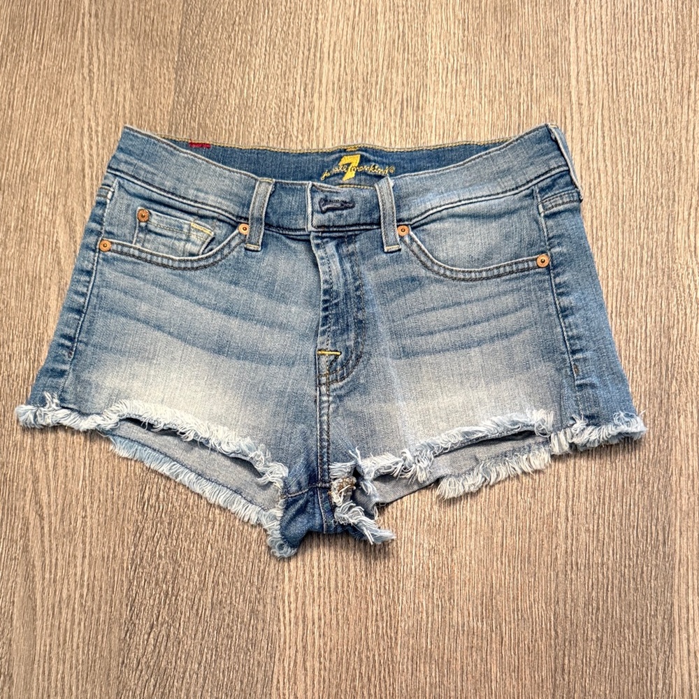 7 For All Mankind Faded Light Blue Denim Frayed Hem Shorts